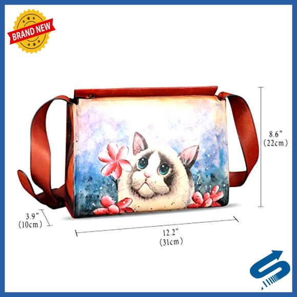 Genuine Leather Hand Painted Crossbody Satchel Purse Women's Bag - Picture 5 of 7